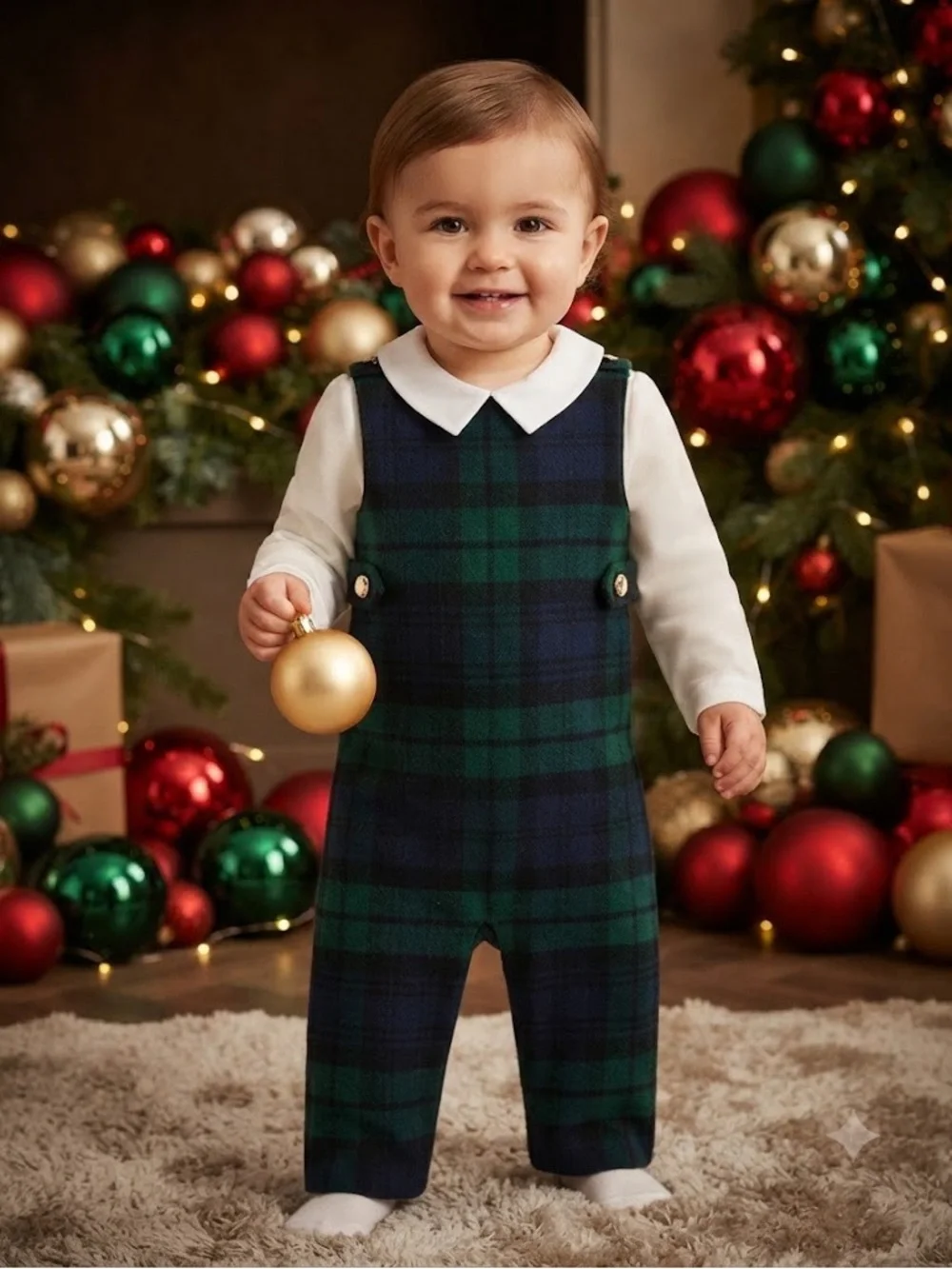 Ralph Lauren Wool Green and Navy Plaid Infant Romper with White Collared Shirt